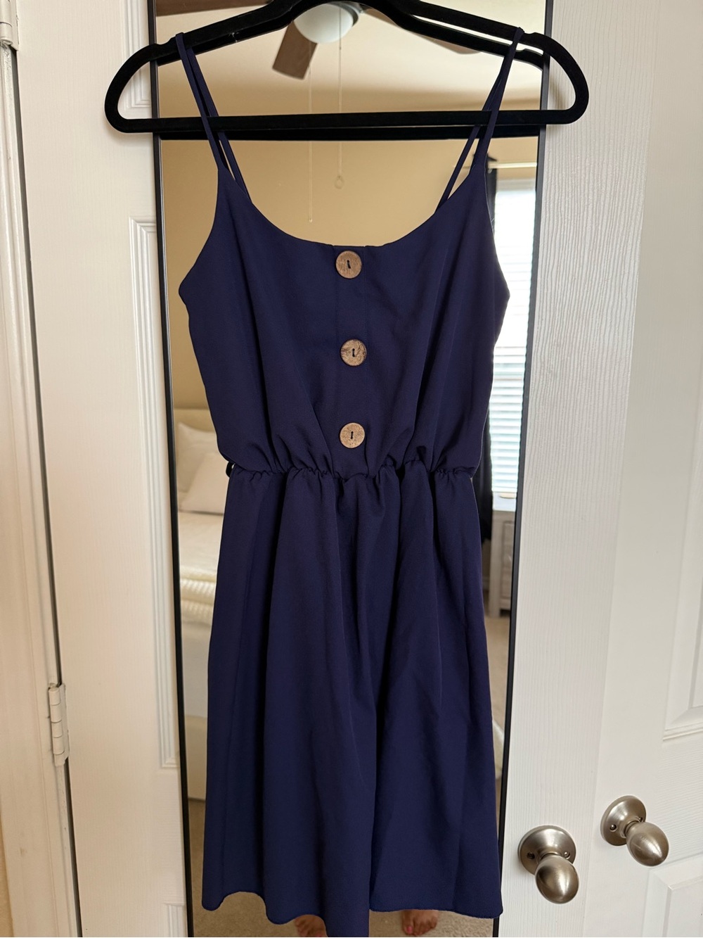 Navy Button-Front Spaghetti Strap Dress